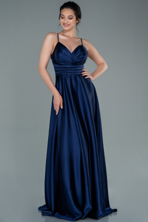 Long Navy Blue Satin Prom Gown ABU2375