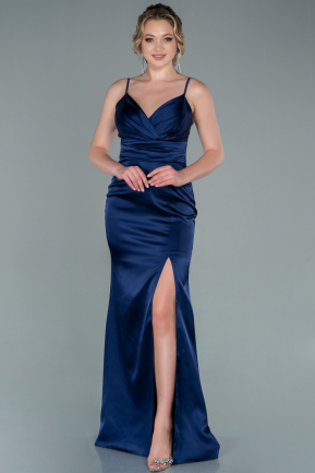 Long Navy Blue Satin Prom Gown ABU2412