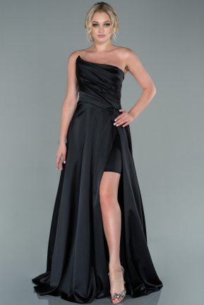 Long Black Satin Prom Gown ABU2474