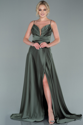 Long Olive Drab Satin Prom Gown ABU2476