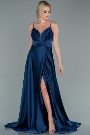 Long Navy Blue Satin Prom Gown ABU2476