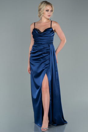 Long Navy Blue Satin Evening Dress ABU2477