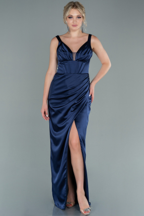 Long Navy Blue Satin Prom Gown ABU2485
