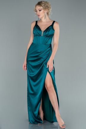 Long Emerald Green Satin Prom Gown ABU2485