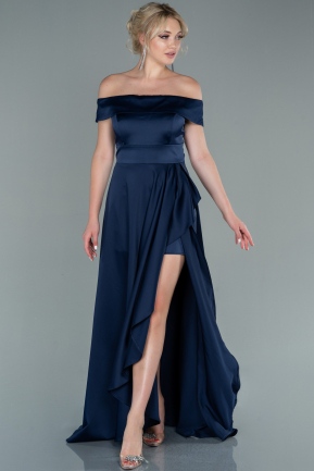 Long Navy Blue Satin Prom Gown ABU2486