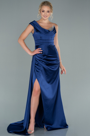 Long Navy Blue Satin Evening Dress ABU2114