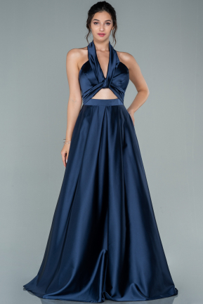 Navy Blue Long Satin Prom Gown ABU2296