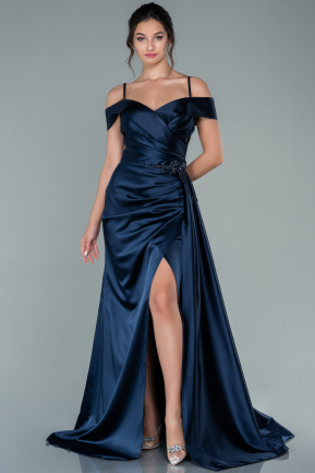Navy Blue Long Satin Evening Dress ABU2380