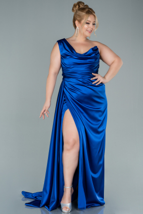 Long Sax Blue Satin Plus Size Evening Dress ABU2531