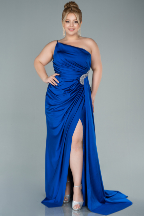 Long Sax Blue Satin Plus Size Evening Dress ABU2532