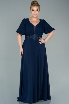 Long Navy Blue Chiffon Plus Size Evening Dress ABU2536