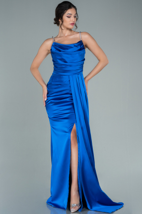 Long Sax Blue Satin Prom Gown ABU2542