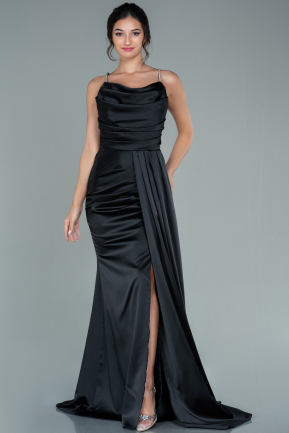 Long Black Satin Prom Gown ABU2542