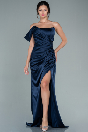 Navy Blue Long Satin Prom Gown ABU2515