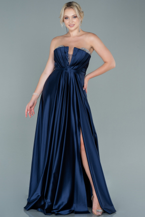 Navy Blue Long Satin Plus Size Evening Dress ABU2766
