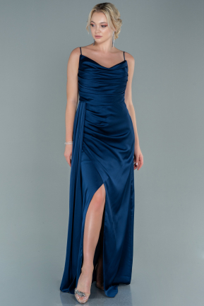 Long Navy Blue Satin Prom Gown ABU2558