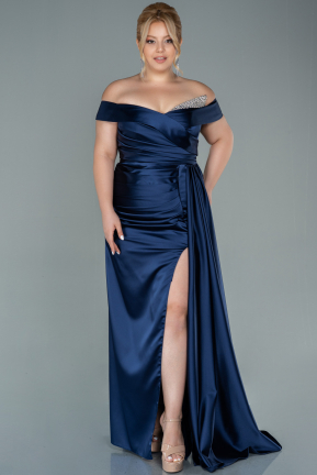 Long Navy Blue Satin Plus Size Evening Dress ABU2561