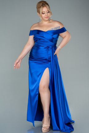 Long Sax Blue Satin Plus Size Evening Dress ABU2561