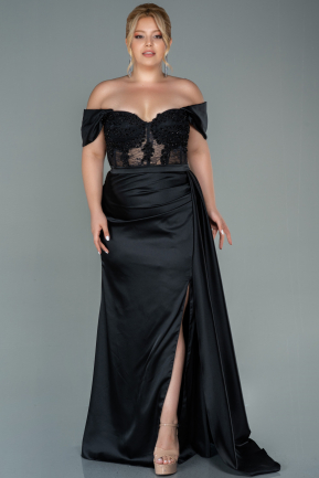 Long Black Satin Plus Size Evening Dress ABU2371