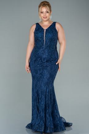 Long Navy Blue Dantelle Plus Size Evening Dress ABU2568