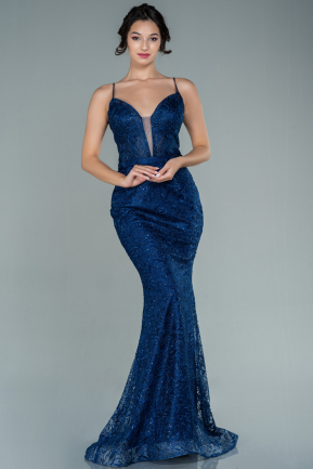 Long Navy Blue Laced Mermaid Prom Dress ABU2586