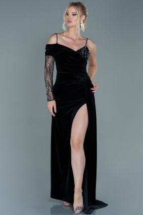 Long Black-Silver Velvet Evening Dress ABU2605