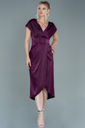 Midi Cherry Colored Satin Plus Size Evening Dress ABK1499