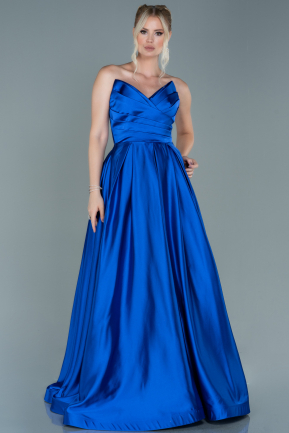 Long Sax Blue Satin Evening Dress ABU2600