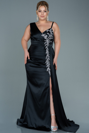 Long Black Satin Plus Size Evening Dress ABU2599