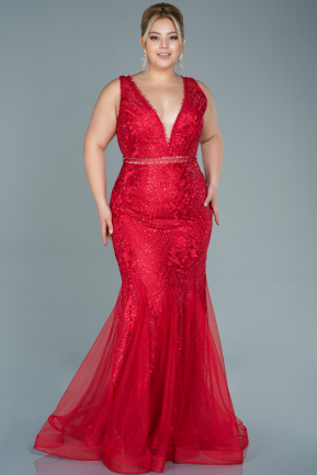 Long Red Laced Plus Size Evening Dress ABU2624