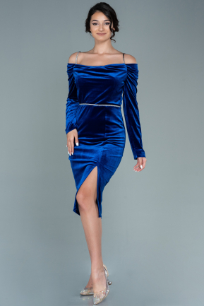 Midi Sax Blue Velvet Invitation Dress ABK1515