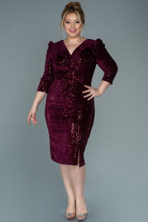 Midi Burgundy Sequined Velvet Plus Size Evening Dress ABK1537