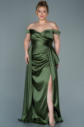 Long Olive Drab Satin Plus Size Evening Dress ABU2670