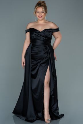 Long Black Satin Plus Size Evening Dress ABU2670