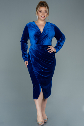 Midi Sax Blue Velvet Plus Size Evening Dress ABK1523