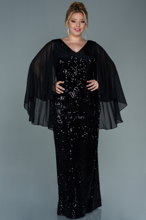 Long Black Sequined Velvet Plus Size Evening Dress ABU2680