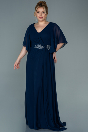 Long Navy Blue Chiffon Plus Size Evening Dress ABU2683