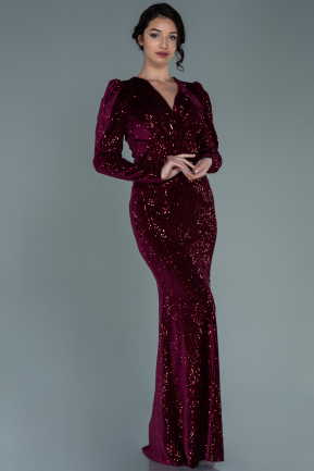 Long Burgundy Sequined Velvet Evening Dress ABU1995
