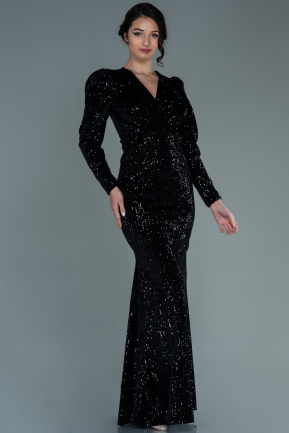 Long Black Sequined Velvet Evening Dress ABU1995