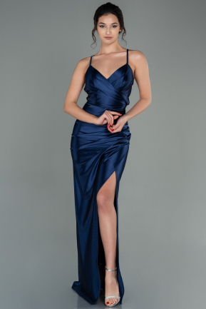 Long Navy Blue Satin Prom Gown ABU2800