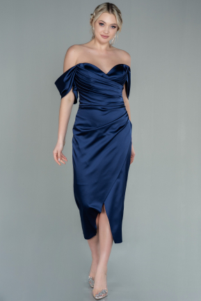 Midi Navy Blue Satin Invitation Dress ABK1608