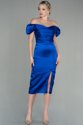 Midi Sax Blue Satin Night Dress ABK1601