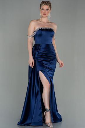 Navy Blue Long Satin Evening Dress ABU2618