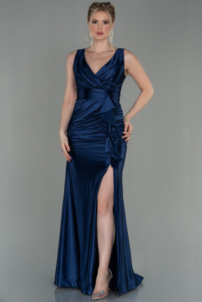 Long Navy Blue Satin Mermaid Prom Dress ABU2843