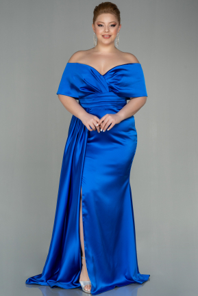Long Sax Blue Satin Plus Size Evening Dress ABU2873