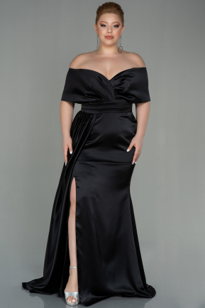 Long Black Satin Plus Size Evening Dress ABU2873