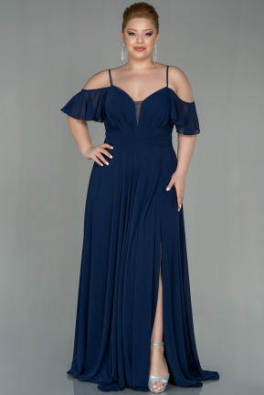 Long Navy Blue Chiffon Plus Size Evening Dress ABU2875
