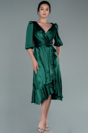 Midi Emerald Green Satin Invitation Dress ABK1409