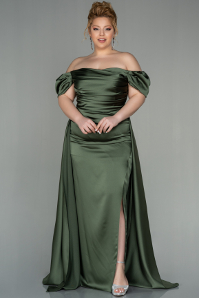 Long Olive Drab Satin Plus Size Evening Dress ABU2923