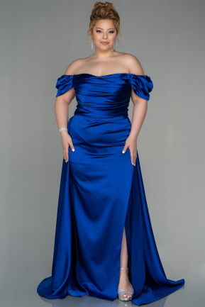 Long Sax Blue Satin Plus Size Evening Dress ABU2923